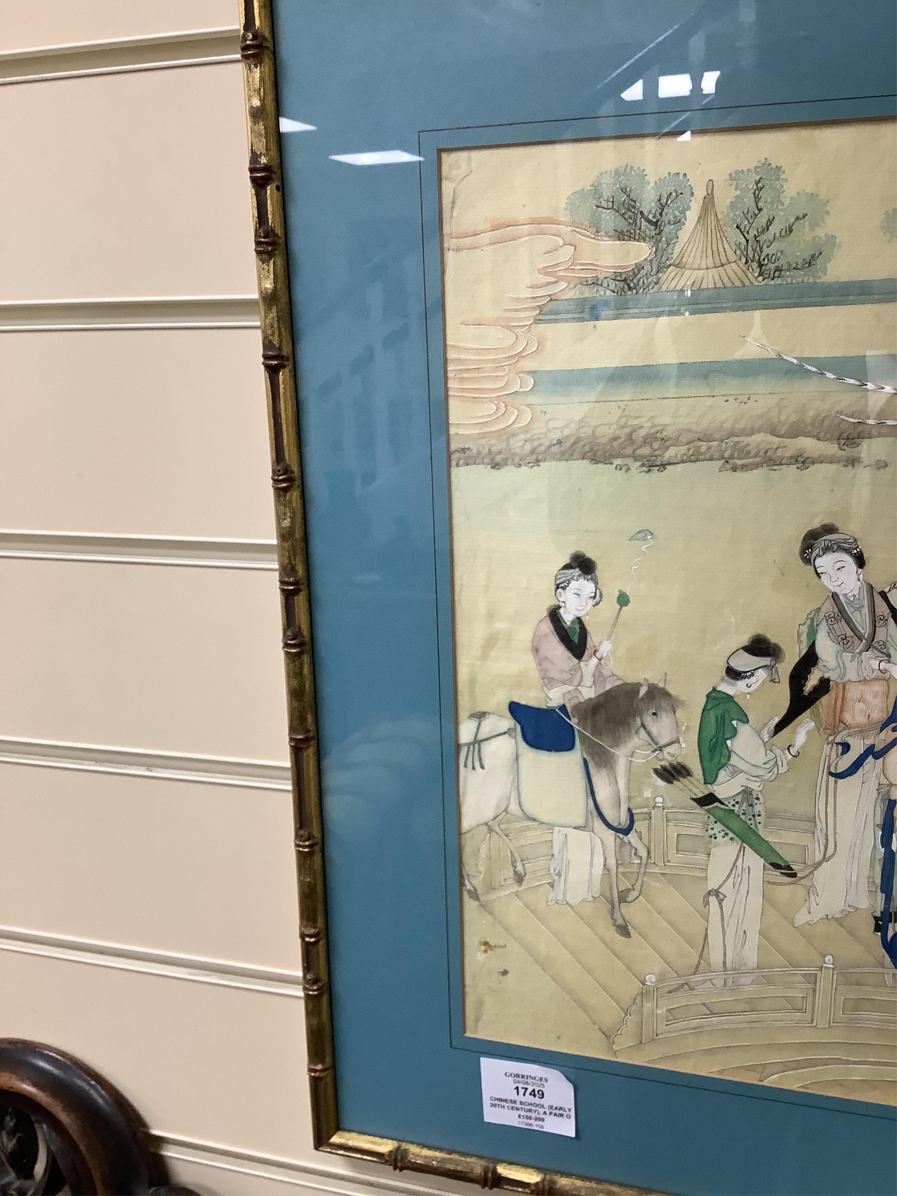 Chinese School (early 20th century), a pair of paintings on silk, Immortals in the heavens including Shou Lao and Xi Wangmu and figures by a lake, 35 x 53cm